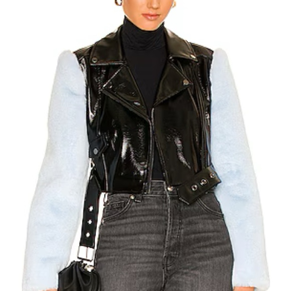 Camila Coelho Glossy Black and Soft Blue Leather Jacket